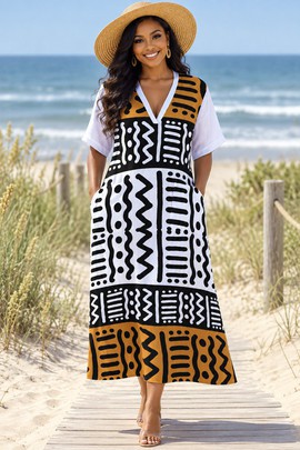 Kuba Print Women's Loose V-Neck Midi Dress | African-Inspired Womenswear | Bynelo
