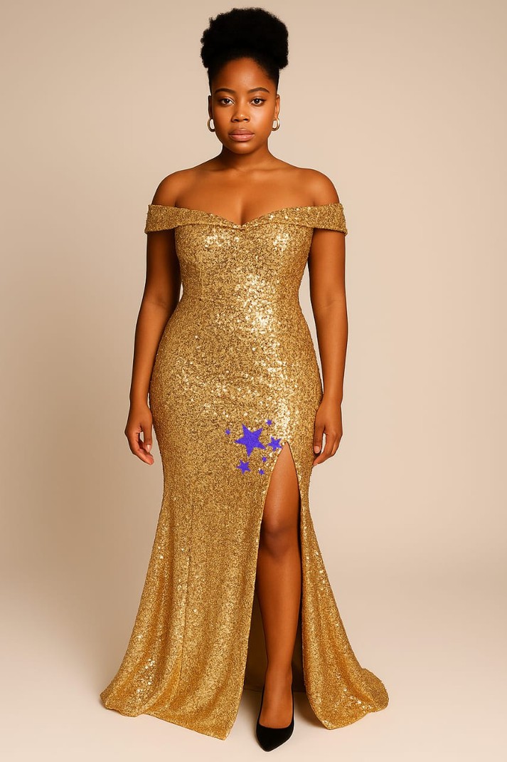 Women's floor length off shoulder sequin dress with long slit by zeemos -  ANKA