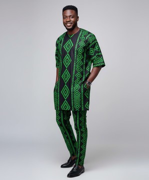 The Neon Geo Men's Set | Black &amp; Neon Green Ankara Tunic and Trousers