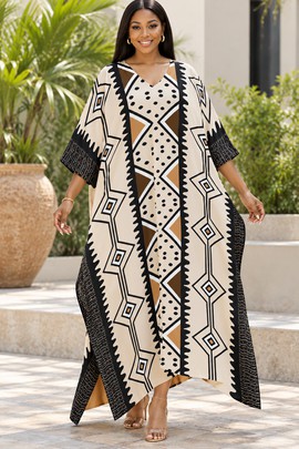 Robe midi à col en V et manches courtes pour femme en imprimé africain | Robe midi en imprimé africain | Bynelo