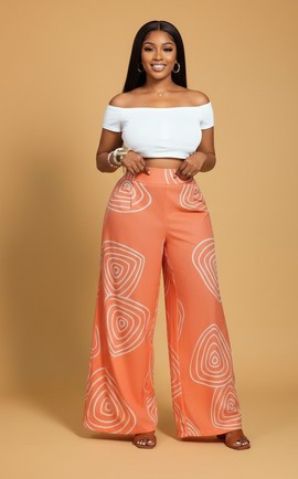Pantalon géométrique orange à jambes larges avec nœud, grande taille