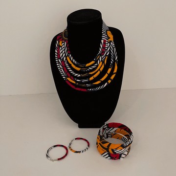 African Print Ankara Handmade Layered Necklace, Earring, and Bracelet Jewelry Set