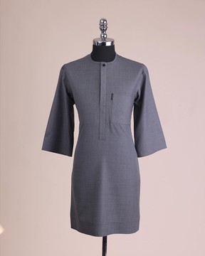 A steel grey, front flap with black Swarovski button detailing kaftan &amp; sokoto