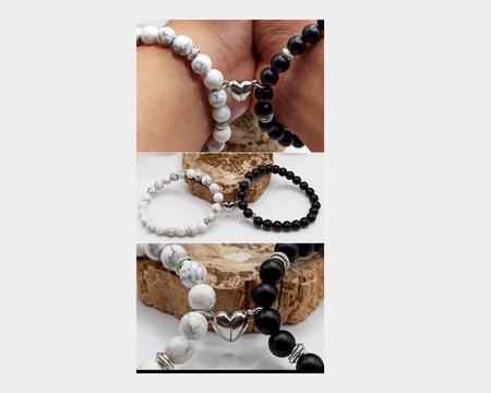 Bracelets Howlite/Onyx - couple Cœur aimant/ Madagascar