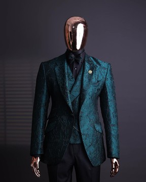 An emerald green, knitted, root floral jacquard notch lapel suit