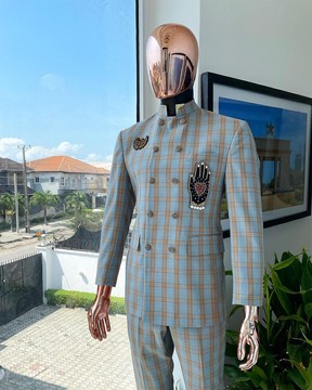 Un saharienne croisé « Preacher » bleu arctique et orange miel à carreaux Glen