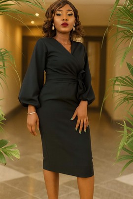 Figure-Flattering Midi Pencil Wrap Dress Big Bishop Sleeve - Black
