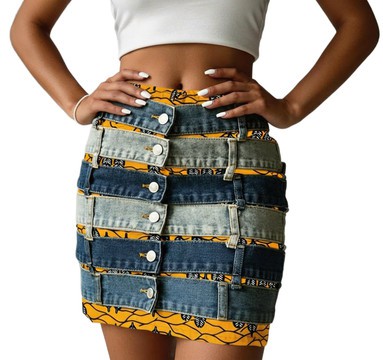 up cycled denim skirt with ankara underskirt