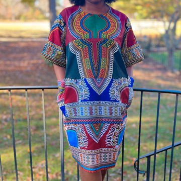 African Print Ankara Dashiki Mixed Print Multicolor Midi Shirt Dress with Pockets