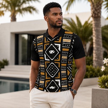 Ancient Bogolan Mudcloth Print Men's Heavyweight Polyester Polo Shirt | Heritage Apparel | Bynelo