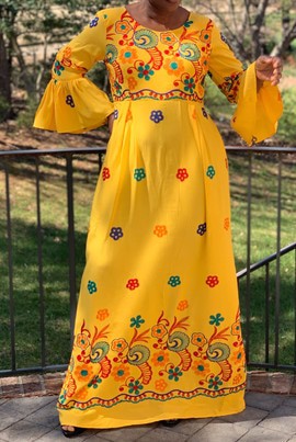 Yellow Floral Embroidered Ruffle Sleeve Maxi Dress