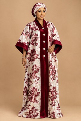 Robe boubou kaftan bordeaux à motifs floraux, avec bordure en velours et foulard assorti