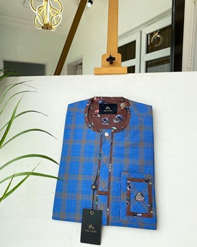 A skye blue &amp; light mustard yellow windowpane check senator kaftan