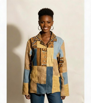denim mudcloth jacket patchwork with burlap for women - reversible
