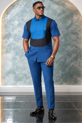 Ensemble deux pièces de luxe pour homme, bleu et noir color block