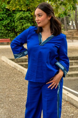 Blouse femme Nkonim – Bleu Saphir Pagne Sénoufo