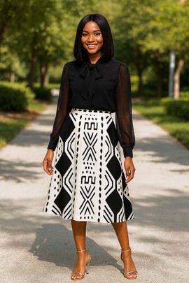 African Skirt Flared | Midi Length | Cowrie White and Black