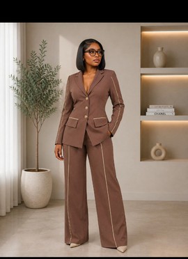 Women's Brown Blazer &amp; Wide-Leg Trouser Suit – Gold Piping Detail Two-Piece Office Set