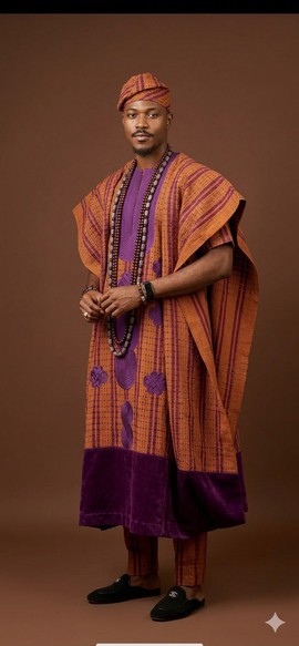 Regal Mustard and Purple Aso Oke Agbada Ensemble
