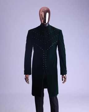 An emerald green safari suit with mixed Swarovski stones detailing &amp; pant Trosuer