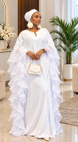 Robe caftan de luxe en satin blanc | Robe longue élégante à manches volantées