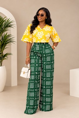 Women’s Yellow Floral Blouse &amp; Green Wide-Leg Printed Pants Set – Stylish Casual Two-Piece Outfit