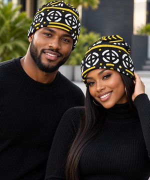 Bonnet tricoté coloré à revers en bogolan tribal | Accessoire de mode africaine | Bynelo