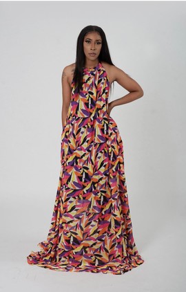 Floral Print Multicolor Sleeveless Halter Maxi Dress