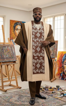 Brown &amp; Cream Embroidered African Men’s Traditional Wear | Custom-Made Agbada Outfit