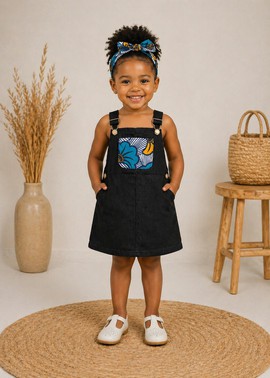 Magnifique Robe enfant “Ayo” en jeans &amp; wax + bandeau assorti