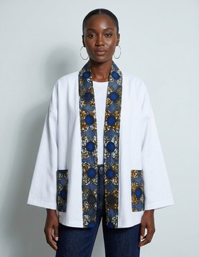 White Kimono with Ankara Neck Band &amp; Pockets