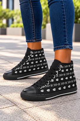Cowrie Shell Monochrome Print Women's Classic High Top Canvas Shoes | Black and White Sneakers