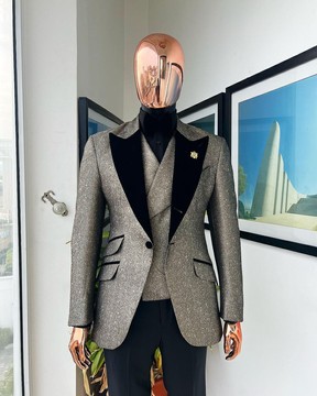 A Gold, black &amp; silver mix metallic jacquard, peak lapel tuxedo suit.
