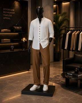 Men's White Pleated Mandarin Collar Shirt &amp; Brown Wide-Leg Pants Set