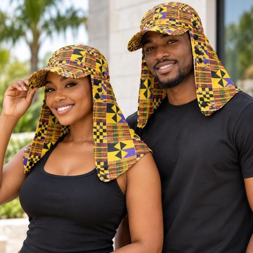 African Heritage Kente Print Knitted Sun Hat With Neck Flap | Kente Style | Bynelo