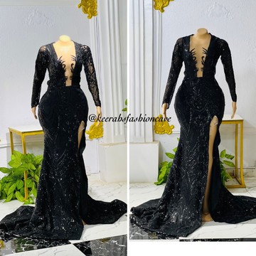 Long sleeve Deep v neck glittering sequin lace prom dress, homecoming dress, trumpet prom dress