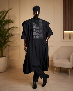 Men's Black 3-Piece Agbada Set with White Embroidery – Kaftan, Trousers &amp; Cap