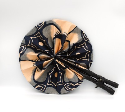 Hand Fan - Beige Floral - Vegan leather and 100% cotton Wax Print | S