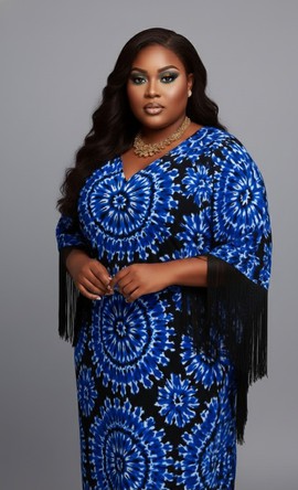Chic Blue and Black Tie-Dye Kaftan with Fringes