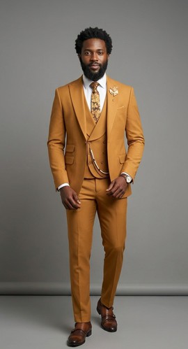 Costume trois pièces pour homme couleur or moutarde avec cravate florale et chaîne de poche – Costume de marié pour mariage