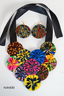 African mixed print fabric bib necklace with matching earrings | African Tribal Jewelry