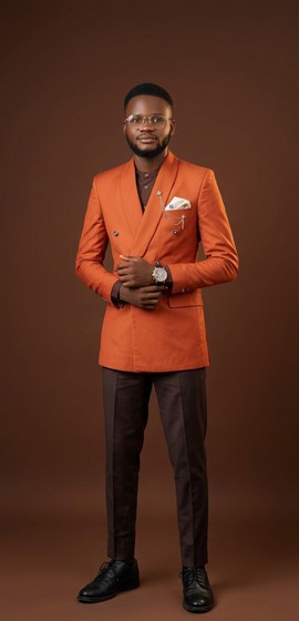 Burnt Orange Double-Breasted Blazer &amp; Brown Trouser Set