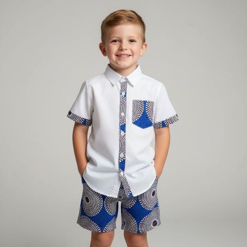 Ensemble garçon wax MBEMA Signature – Chemise blanche et bermuda wax (2-12 ans)