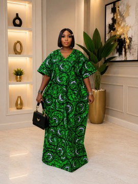 Luxury Green African Ankara Kaftan Boubou Dress, Nigeria/African Fashion