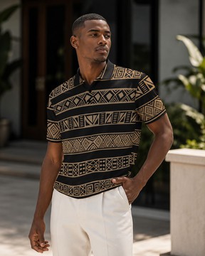Tribal Pattern Heritage Print Men's Heavyweight Polyester Polo Shirt | African Menswear | Bynelo