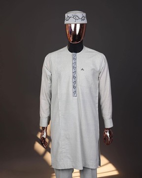 A Pearl river grey, house of dragon embroidery details, long sleeve kaftan, hat &amp; sokoto