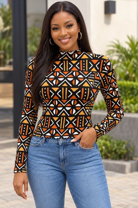 Orange Tribal Bogolan Mudcloth Print Women's Mesh Long Sleeve T-Shirt | African Fashion | Bynelo