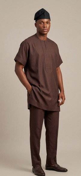 Yoruba Native wear |Men's brown Buba &amp; Trouser set |