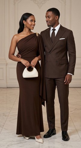 One-Shoulder Drape Gown &amp; Double-Breasted Suit - A Couple's Story in Rich Chocolate