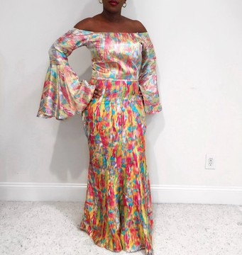 Multicolor Colorful Print Satin Off Shoulder Ruffle Maxi Dress